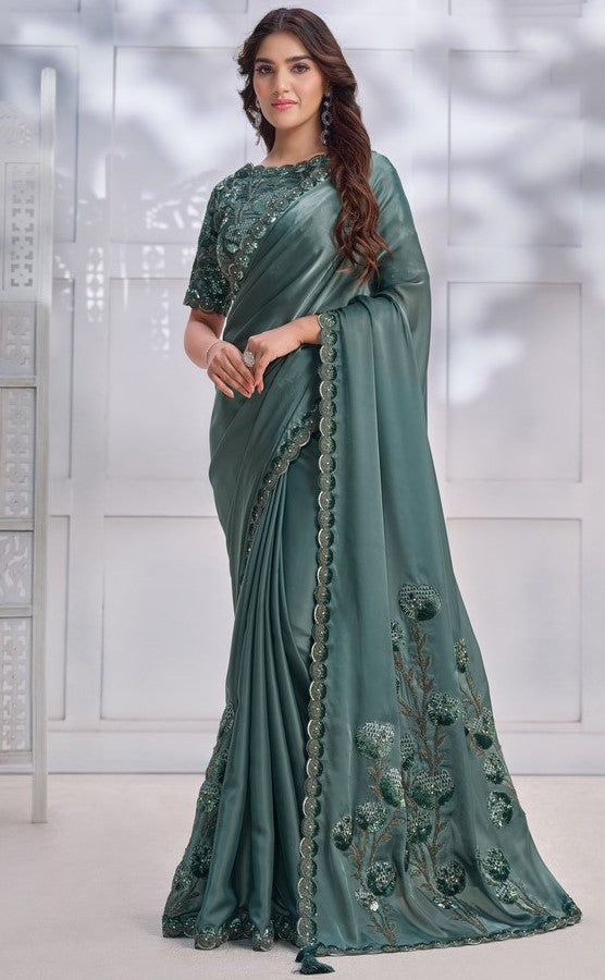 Grand Green Color Satin Fabric Partywear Saree