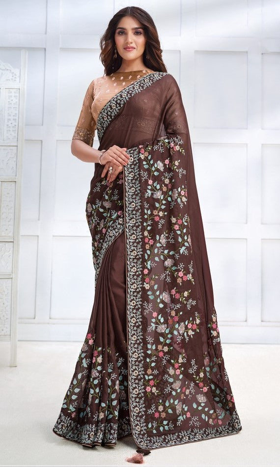 Grand Brown Color Georgette Fabric Partywear Saree