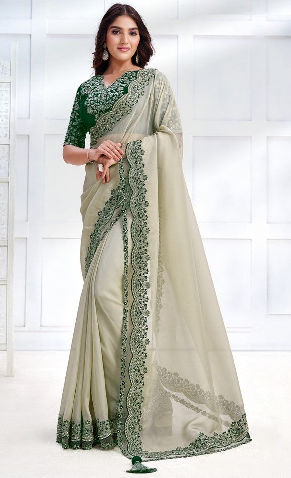 Grand Cream Color Organza Fabric Partywear Saree