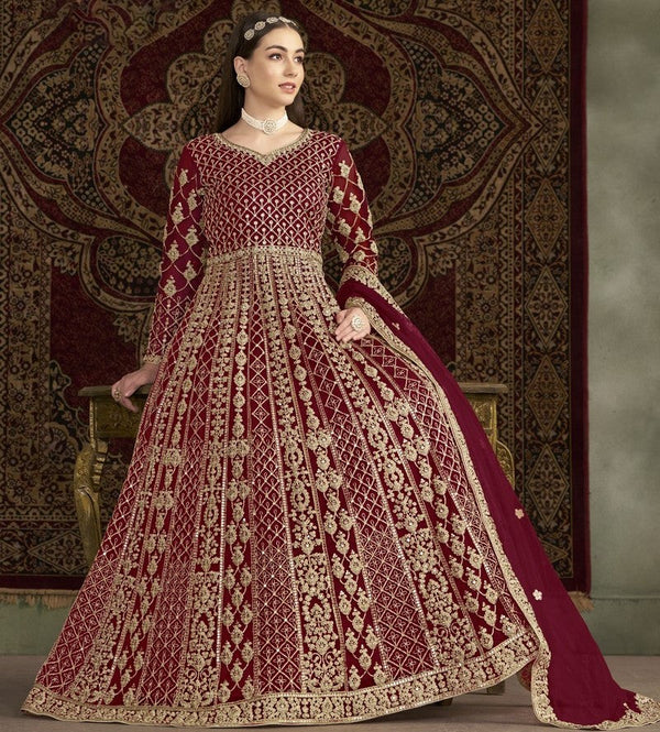 Attractive Maroon Color Net Fabric Gown