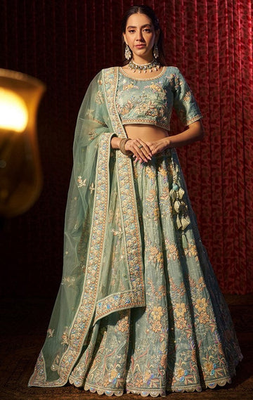 Magnetic Aqua Color Organza Fabric Party Wear Lehenga