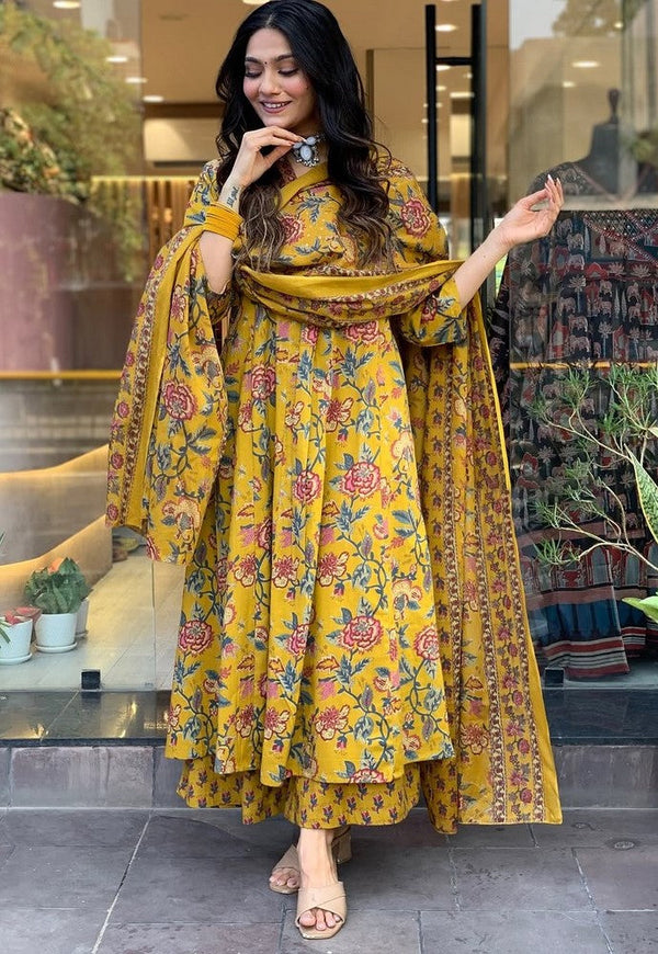 Amazing Yellow Color Cotton Fabric Designer Suit