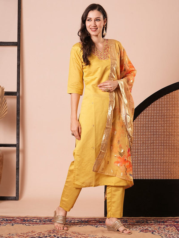 Amazing Yellow Color Chanderi Fabric Designer Suit