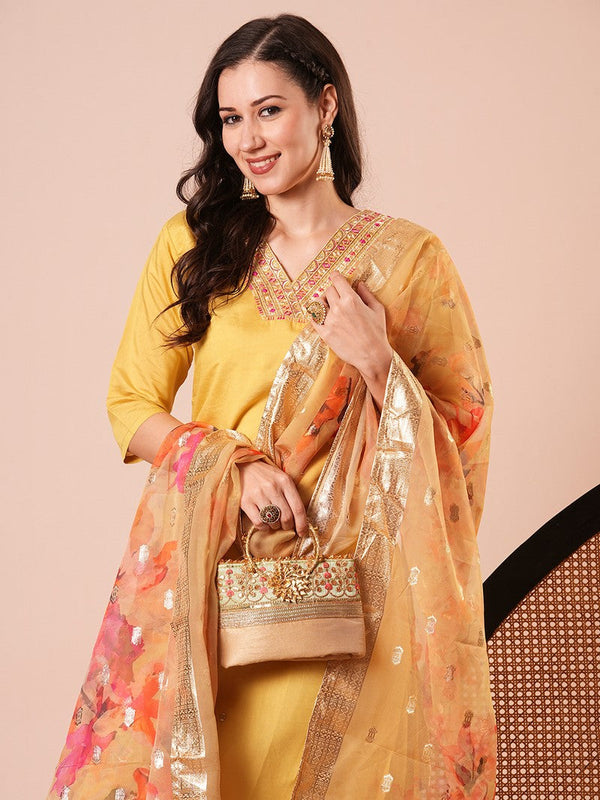 Amazing Yellow Color Chanderi Fabric Designer Suit