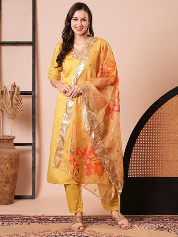 Amazing Yellow Color Chanderi Fabric Designer Suit