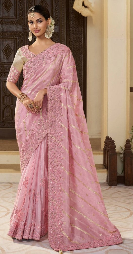 Pretty Pink Color Viscose Fabric Partywear Saree