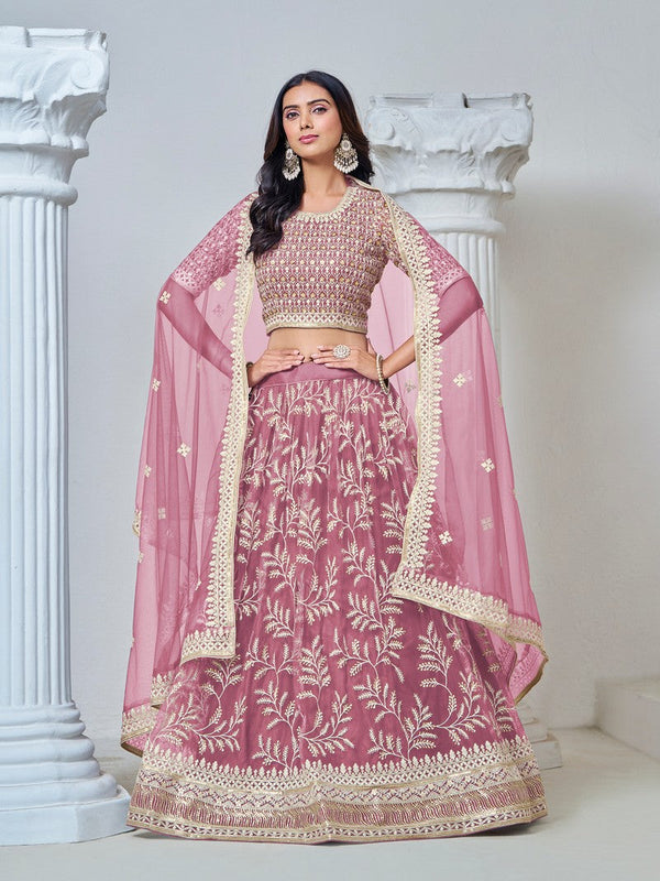 Magnetic Pink Color Net Fabric Party Wear Lehenga