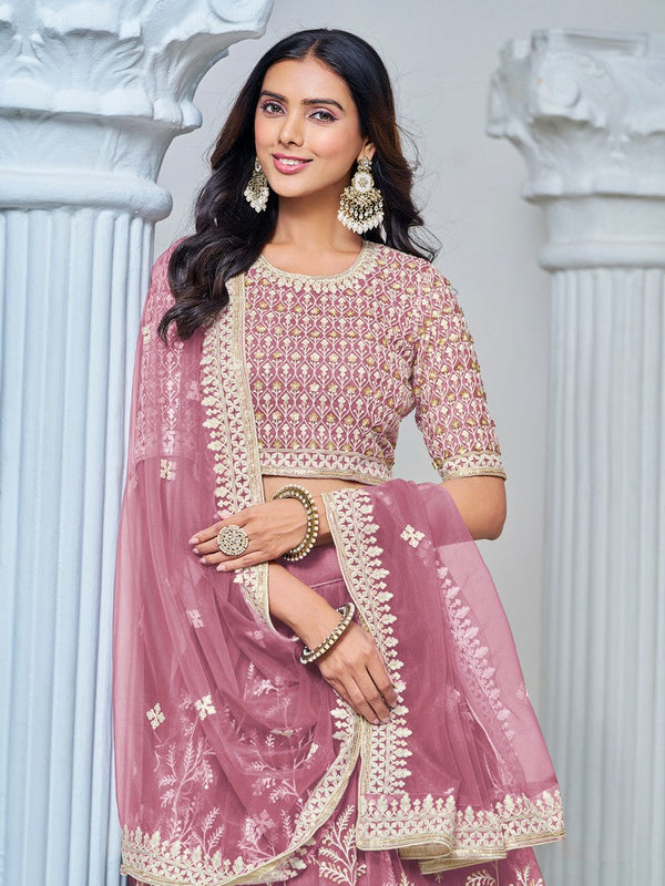 Magnetic Pink Color Net Fabric Party Wear Lehenga