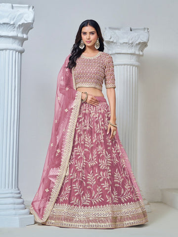 Magnetic Pink Color Net Fabric Party Wear Lehenga