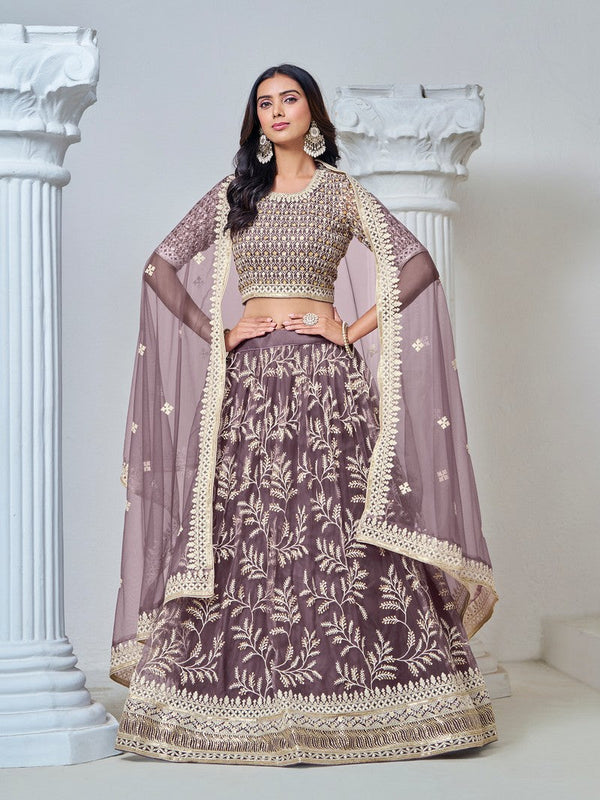 Magnetic Purple Color Net Fabric Party Wear Lehenga