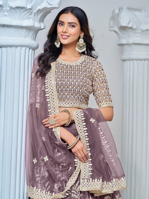 Magnetic Purple Color Net Fabric Party Wear Lehenga