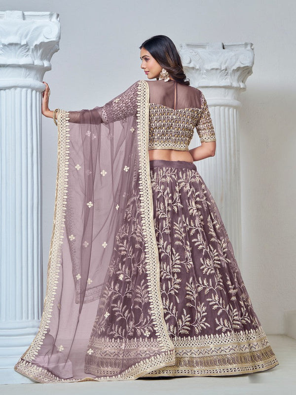 Magnetic Purple Color Net Fabric Party Wear Lehenga