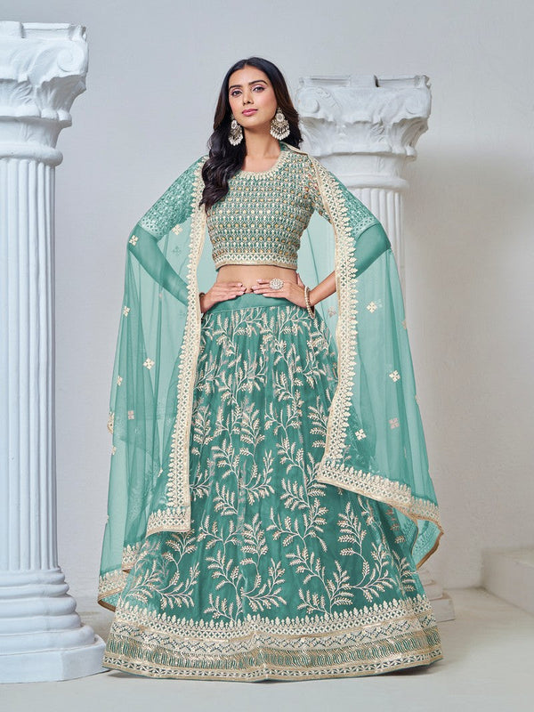 Magnetic Aqua Color Net Fabric Party Wear Lehenga