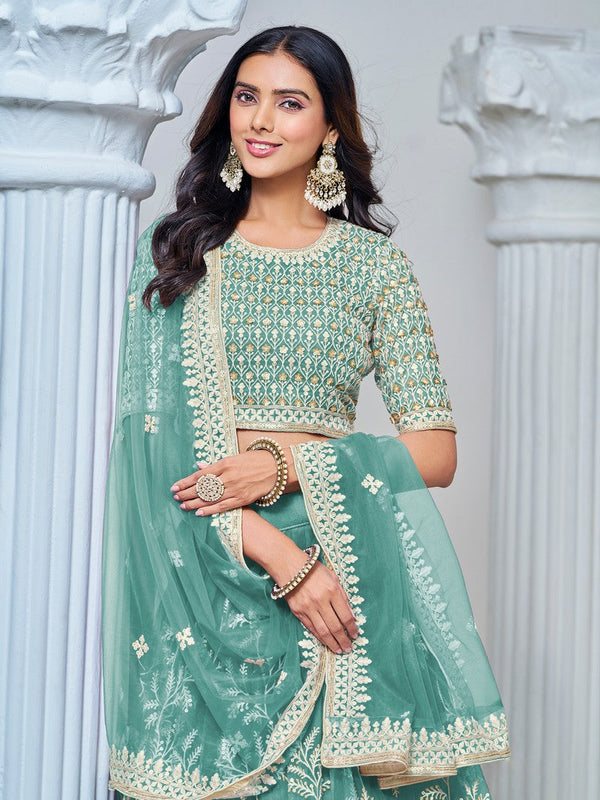 Magnetic Aqua Color Net Fabric Party Wear Lehenga