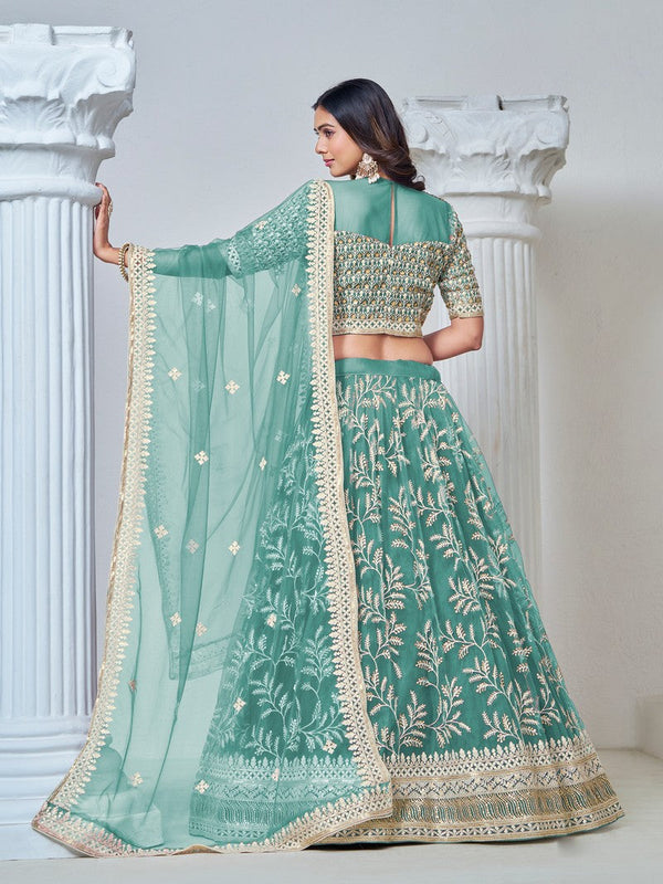 Magnetic Aqua Color Net Fabric Party Wear Lehenga