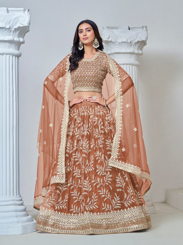 Magnetic Brown Color Net Fabric Party Wear Lehenga