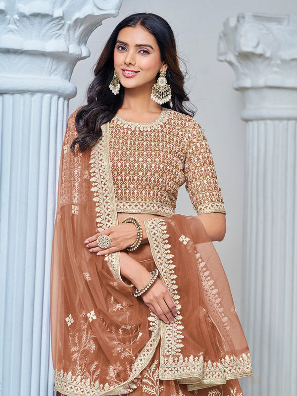 Magnetic Brown Color Net Fabric Party Wear Lehenga