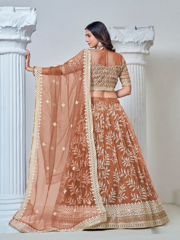 Magnetic Brown Color Net Fabric Party Wear Lehenga