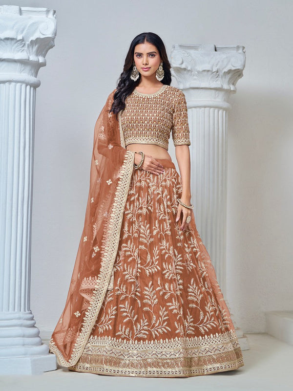 Magnetic Brown Color Net Fabric Party Wear Lehenga