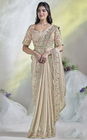 Pretty Cream Color Satin Fabric Readymade Saree