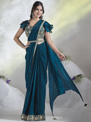 Pretty Teal Color Silk Fabric Readymade Saree