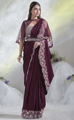 Pretty Wine Color Satin Fabric Readymade Saree