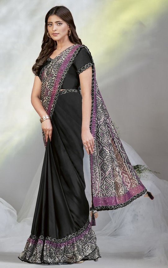 Pretty Black Color Satin Fabric Readymade Saree