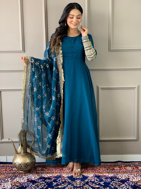 Amazing Teal Color Georgette Fabric Designer Suit