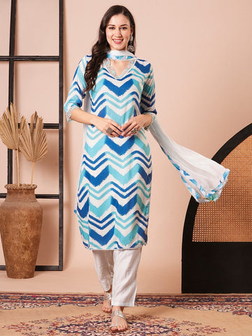 Dazzling Blue Color Muslin Fabric Designer Suit