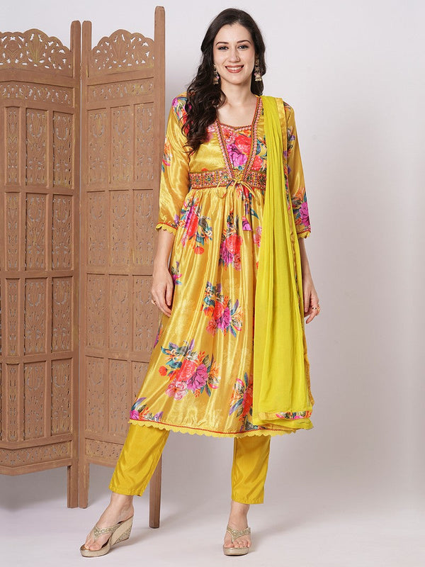 Dazzling Yellow Color Chinon Fabric Designer Suit