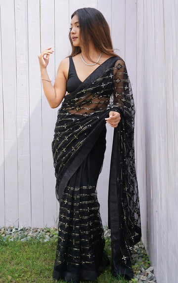 Grand Black Color Net Fabric Partywear Saree