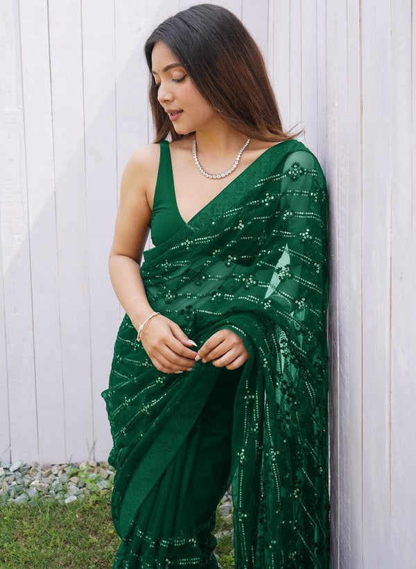 Grand Green Color Net Fabric Partywear Saree