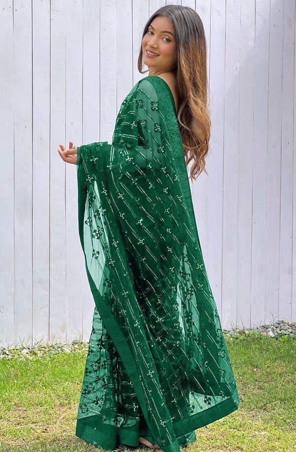 Grand Green Color Net Fabric Partywear Saree