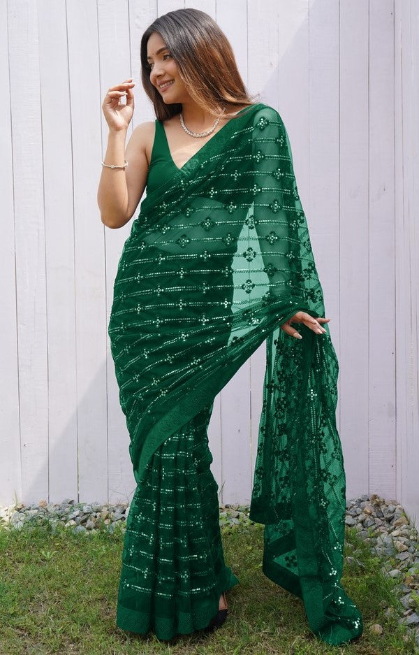 Grand Green Color Net Fabric Partywear Saree