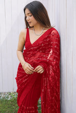 Grand Red Color Net Fabric Partywear Saree