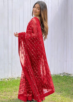 Grand Red Color Net Fabric Partywear Saree