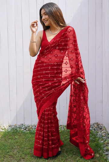 Grand Red Color Net Fabric Partywear Saree