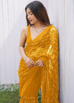 Grand Yellow Color Net Fabric Partywear Saree