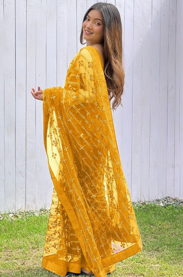 Grand Yellow Color Net Fabric Partywear Saree