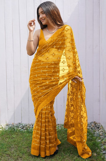 Grand Yellow Color Net Fabric Partywear Saree