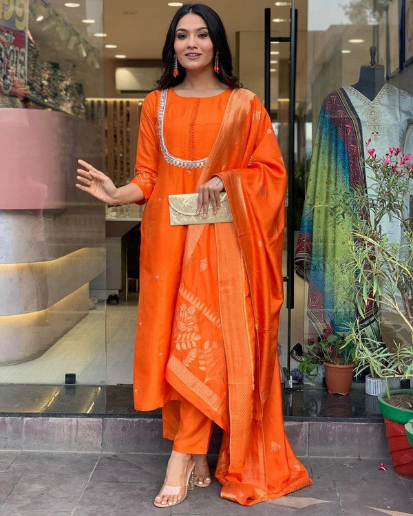 Beauteous Orange Color Viscose Fabric Designer Suit