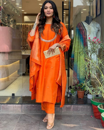 Beauteous Orange Color Viscose Fabric Designer Suit