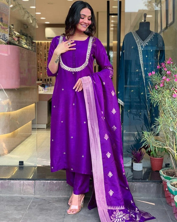 Beauteous Purple Color Viscose Fabric Designer Suit