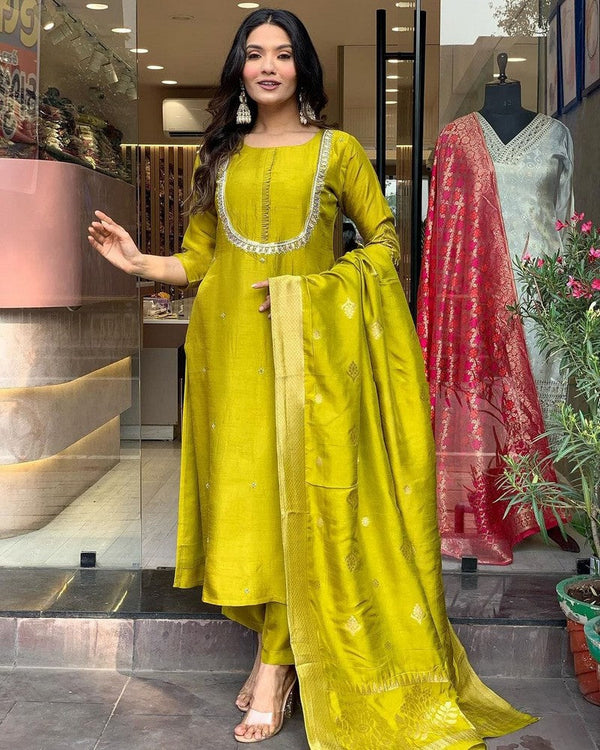 Beauteous Yellow Color Viscose Fabric Designer Suit