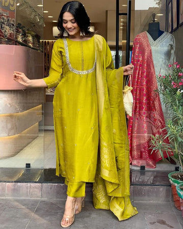 Beauteous Yellow Color Viscose Fabric Designer Suit