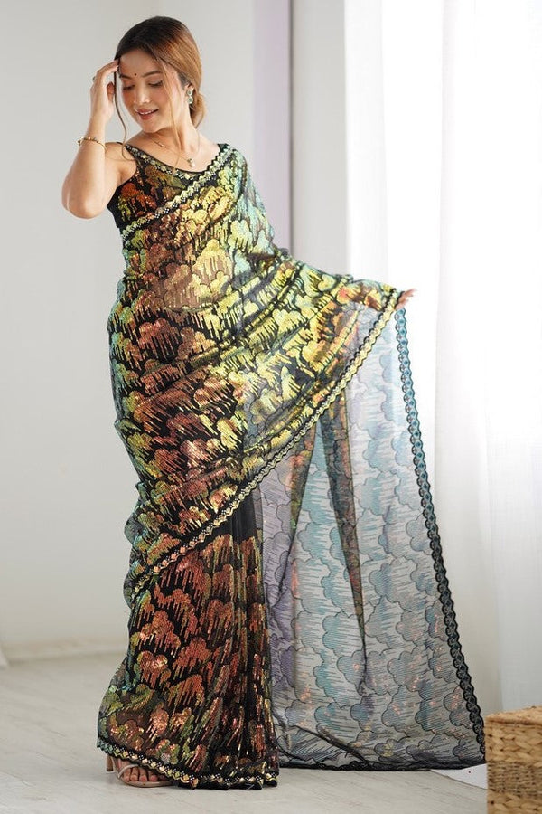 Elegant Black Color Net Fabric Designer Saree