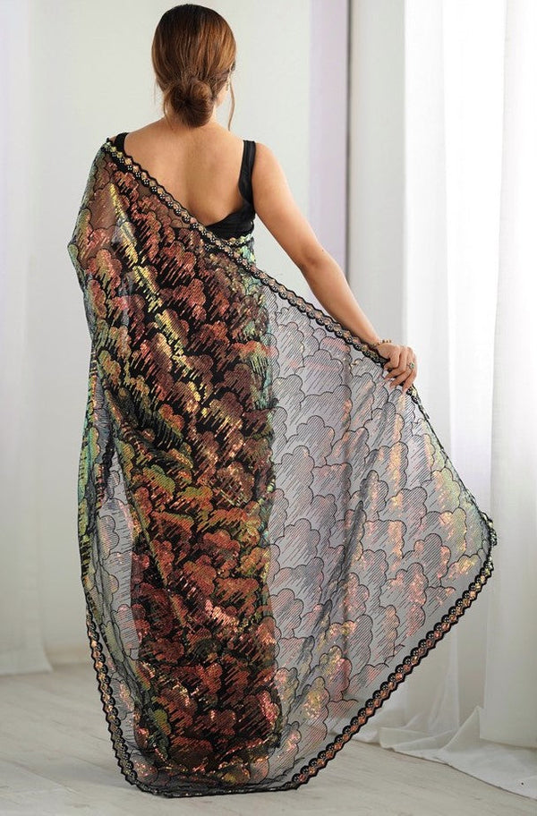 Elegant Black Color Net Fabric Designer Saree