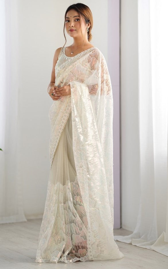 Elegant Cream Color Net Fabric Designer Saree