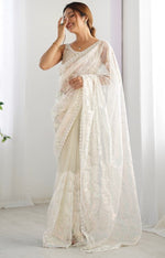 Elegant Cream Color Net Fabric Designer Saree