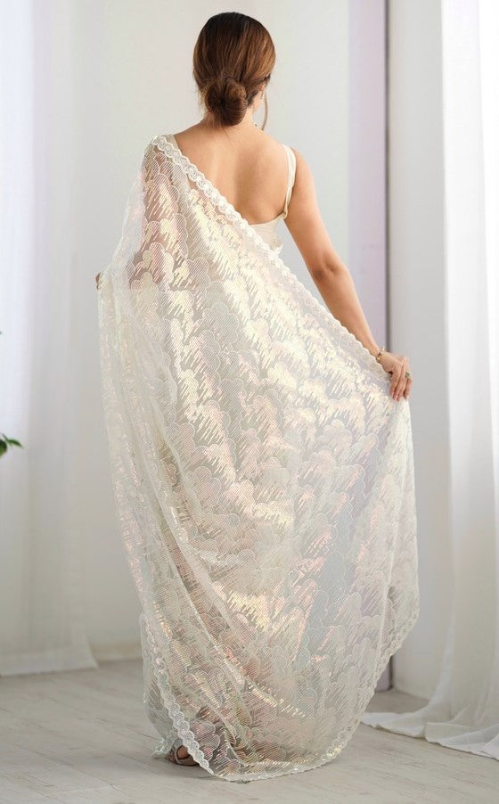 Elegant Cream Color Net Fabric Designer Saree